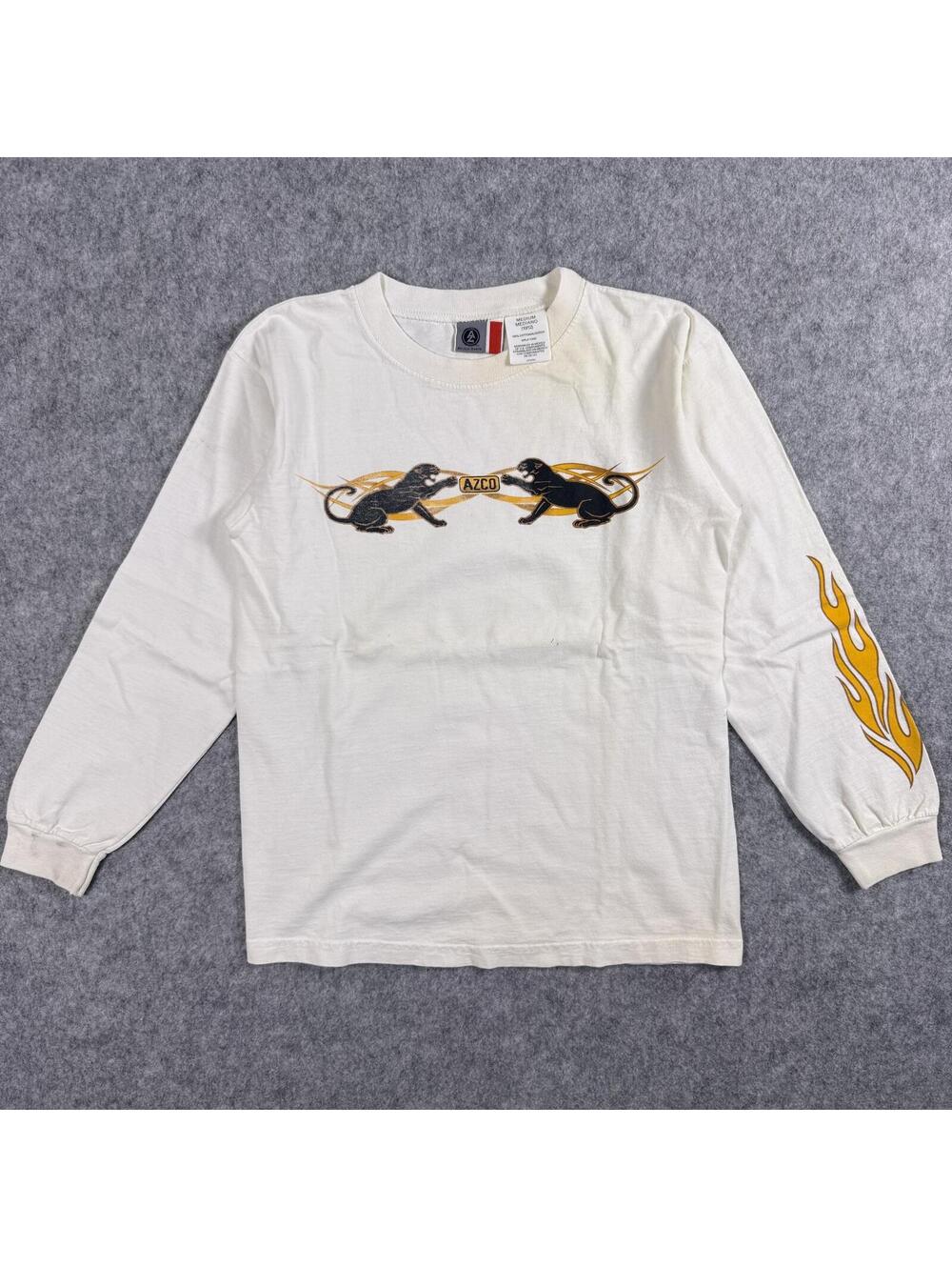 White Long Sleeve T-Shirt Black Panthers Flames Graphic Azco L(10/12)